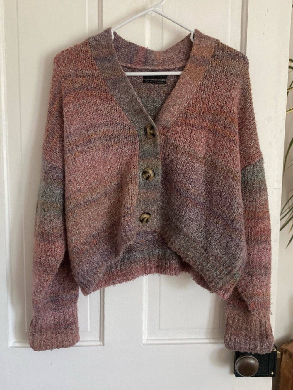 Urban Outfitters Cozy Chunky Multicolor V-Neck Button Sweater Cardigan Pink